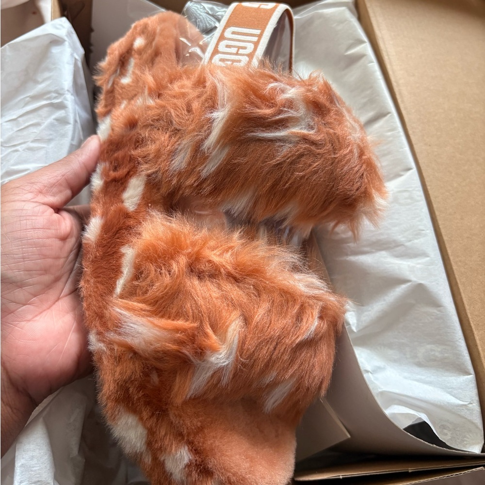 UGG Fuzzy Slide Sandals in Rust and White